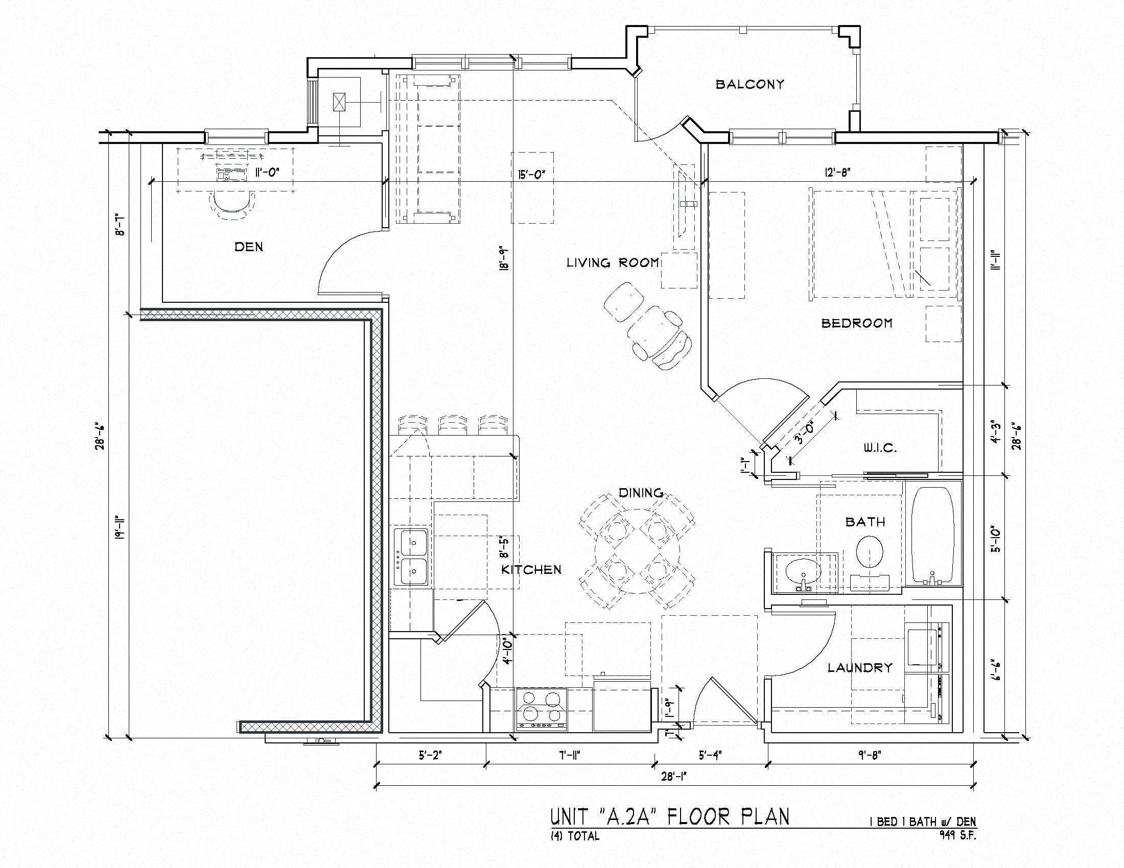 Floor plan for 1 bed, 1 bath, 961 sqft